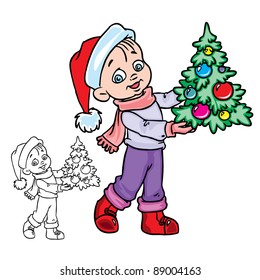  Vector Illustration of Christmas boy with a tree in color and outline; isolated on background.