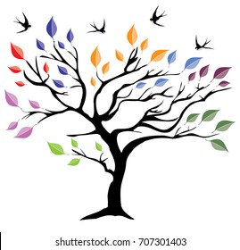 Vector illustration of a tree with colorful leaves and flying swallows