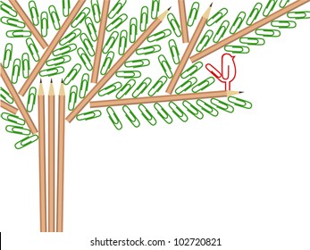 Vector illustration of a tree comprised by pencils and paper clips