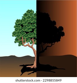 Vector illustration of a tree of day and night phenomena, day and night. Day and night landscape with hills, forest, fir-trees, view at scenery with clear sky, full moon, summer fields with bushes and