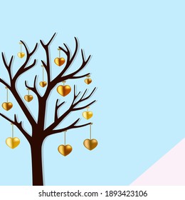 Vector illustration of tree decorated with golden heart symbol on blue background for greeting cards, celebration cards
