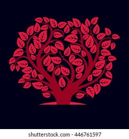 Vector illustration of tree with decorative leaves and branches in the shape of heart. Beautiful image on ecology theme. Love nature and environment conceptual illustration. 