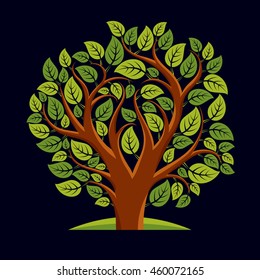 Vector illustration of tree with decorative leaves and branches in the shape of heart. Beautiful image on ecology theme. Love nature and environment conceptual illustration. 