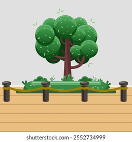 Ilustración vectorial de un árbol expuesto en el interior de un museo, mezclando Elementos naturales con un entorno artístico y educativo. El diseño muestra el árbol como una pieza central, rodeado de decoración del museo,