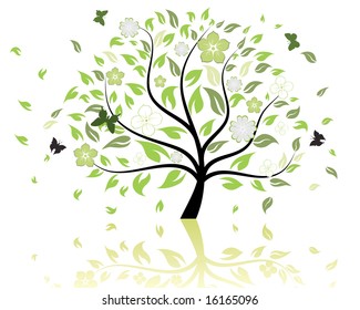 Vector illustration of tree with falling leaves and butterflies