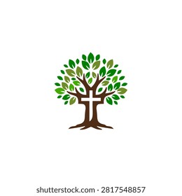 Vector illustration of a tree featuring a negative space Christian cross within its trunk. This spiritual and organic graphic is perfect for church community logos, faith-based organization branding