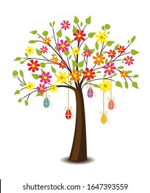 Vector illustration of tree with flowers. Floral decoration of eggs for Happy Easter.