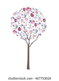 Vector illustration of a tree with flowers on a white background, can be use as logo and printing on fabric