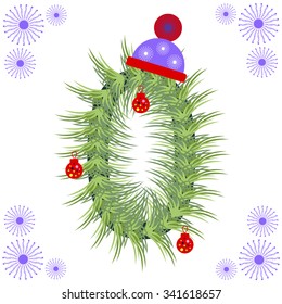 Vector illustration of tree font. Winter alphabet number. Green stylized figure with Christmas decorations, cap and snowflakes. Series of Letters, Numbers and Symbols.