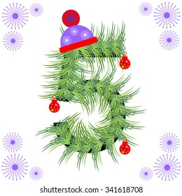 Vector illustration of tree font. Winter alphabet number. Green stylized figure with Christmas decorations, cap and snowflakes. Series of Letters, Numbers and Symbols.