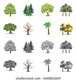 Vector illustration of tree and forest sign. Set of tree and green vector icon for stock.
