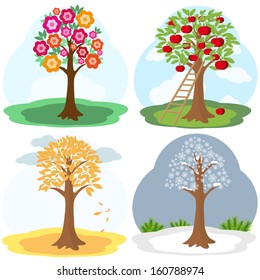 Vector illustration of tree in four seasons: spring, summer, autumn, winter
