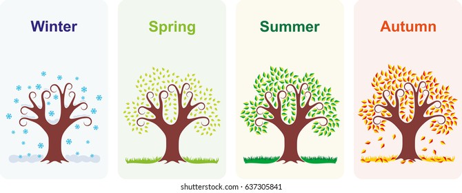 Vector illustration of a tree in four seasons winter, spring, summer and autumn