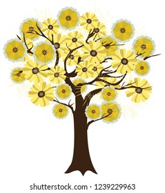 vector illustration of a tree with golden flowers.