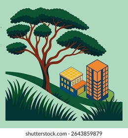 Vector illustration of a tree, grass, and eco-friendly buildings with solar panels, perfect for green energy and urban planning themes.