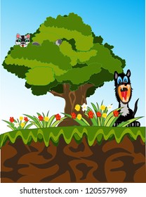 Vector illustration tree with green krona on high breakaway and animals
