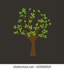 Vector illustration of tree with green leaves on dark backgroud