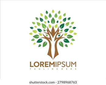 Vector illustration of a tree with green leaves and brown trunk on white background with loremipsum text