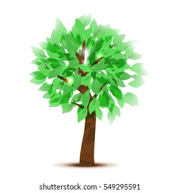 Vector illustration of tree with green leaves. Nature design. Vector tree and light behind.