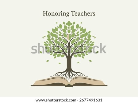 vector illustration of a tree with green leaves growing from an open book symbolizing knowledge and growth for a World Teachers' Day concept.