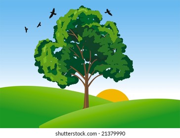 vector illustration of tree in green valley