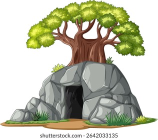 Vector illustration of a tree growing atop a rocky cave entrance, featuring vibrant colors and detailed textures