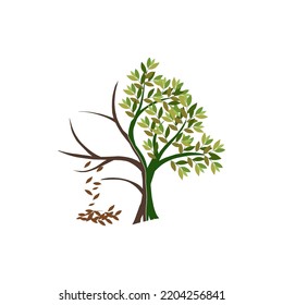 Vector illustration of a tree with half dead and withered, tree bark, drought vector.