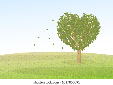 Vector Illustration : Tree Heart shape in green yellow meadow and leaves are blown by wind with sky background. The tree is the heart of the world and the environment.