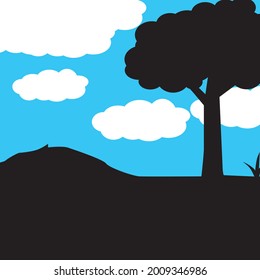 Ilustración vectorial de la silueta de árboles y colinas sobre el fondo del cielo azul y las nubes blancas. Ilustración de silueta.
