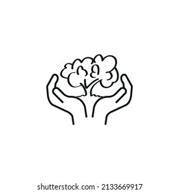 Vector illustration of tree icon in hands icon. For natural and nature conservation designs.