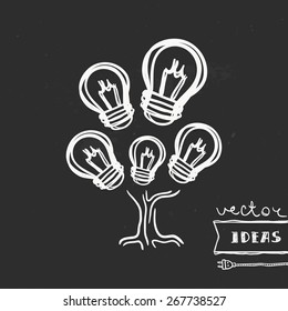 Vector illustration of a tree of ideas isolated on black, light bulbs represent ideas, brainstorm and creative process