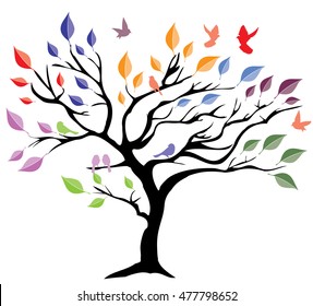 vector illustration of a tree with leaves and birds