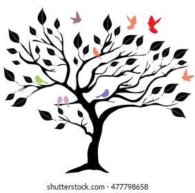 vector illustration of a tree with leaves and birds