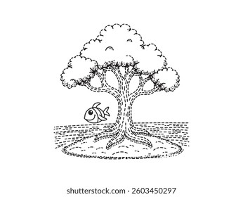  Vector illustration of a tree with leaves and branches, eco-friendly design, nature symbol, and floral elements