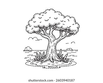 Vector illustration of a tree with leaves and branches, eco-friendly design, nature symbol, and floral elements