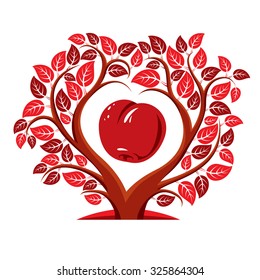Vector illustration of tree with leaves and branches in the shape of heart with an apple inside. Fruitfulness and fertility idea symbolic picture. 