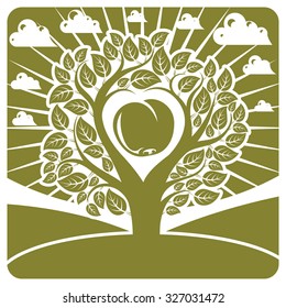 Vector illustration of tree with leaves and branches in the shape of heart with an apple inside placed on landscape with clouds and stylized sun. Fruitfulness and fertility idea symbolic picture. 