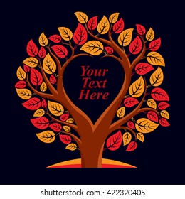 Vector illustration of tree with leaves and branches in the shape of heart with blank copy space. Your text here.