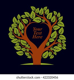 Vector illustration of tree with leaves and branches in the shape of heart with blank copy space. Love and motherhood idea image. You are free to write your text here.