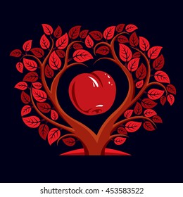 Vector illustration of tree with leaves and branches in the shape of heart with an apple inside. Fruitfulness and fertility idea symbolic picture. 