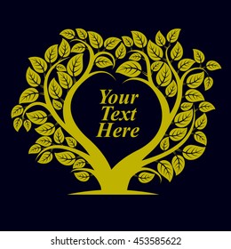 Vector illustration of tree with leaves and branches in the shape of heart with blank copy space. Your text here.