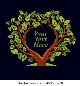 Vector illustration of tree with leaves and branches in the shape of heart with blank copy space. Love and motherhood idea image. You are free to write your text here.