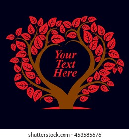 Vector illustration of tree with leaves and branches in the shape of heart with blank copy space. Your text here.
