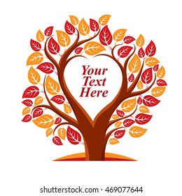 Vector illustration of tree with leaves and branches in the shape of heart with blank copy space. Your text here.