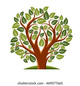 Vector illustration of tree with leaves and branches in the shape of heart. Love and motherhood idea image. 