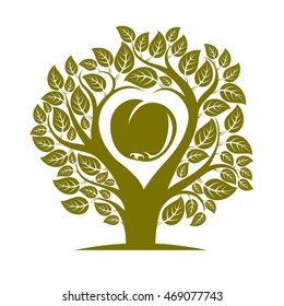 Vector illustration of tree with leaves and branches in the shape of heart with an apple inside. Fruitfulness and fertility idea symbolic picture. 
