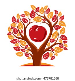 Vector illustration of tree with leaves and branches in the shape of heart with an apple inside. Fruitfulness and fertility idea symbolic picture. 