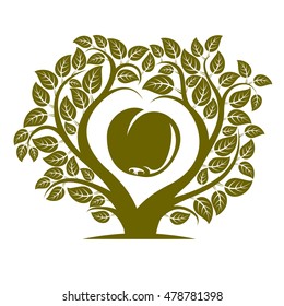 Vector illustration of tree with leaves and branches in the shape of heart with an apple inside. Fruitfulness and fertility idea symbolic picture. 