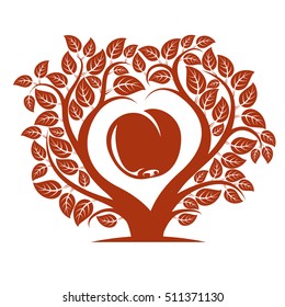 Vector illustration of tree with leaves and branches in the shape of heart with an apple inside. Fruitfulness and fertility idea symbolic picture. 