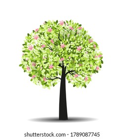 Vector illustration of a tree with leaves and flowers. Natural background
